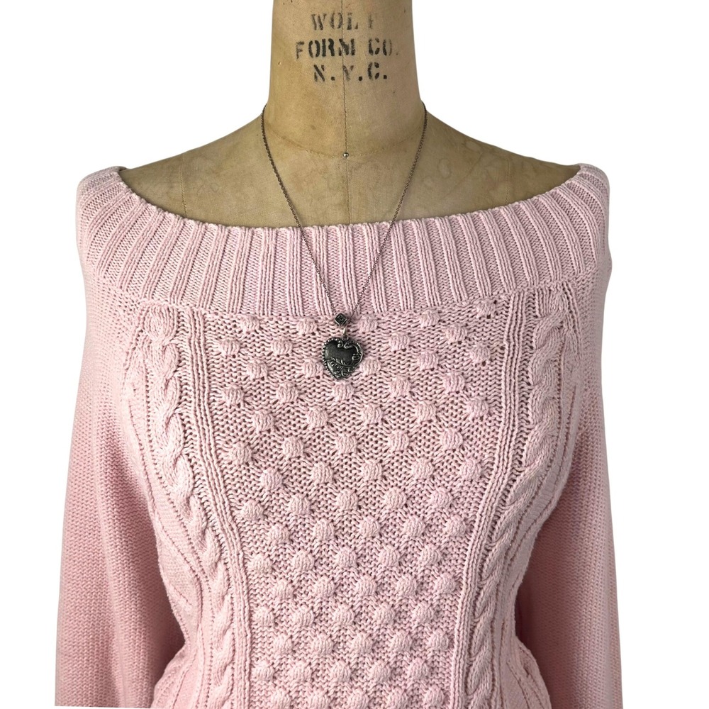 Coquette Chaps Sweater Off Shoulder Cable Knit Preppy Academia Layering Size L - Picture 5 of 9